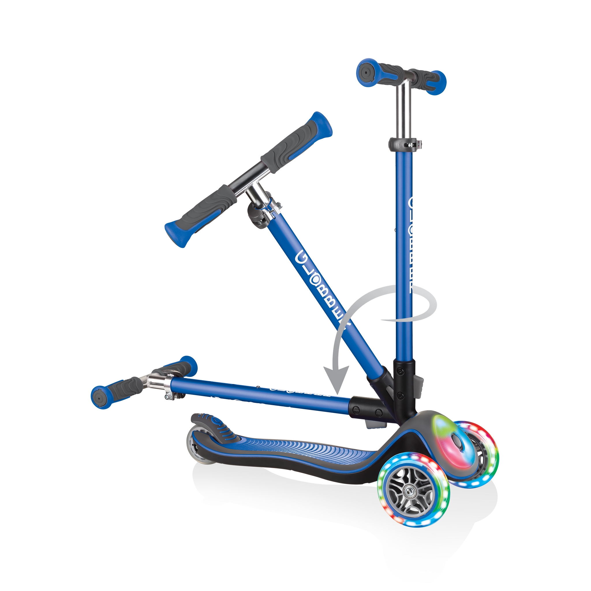 Globber-ELITE-DELUXE-FLASH-LIGHTS-3-wheel-light-up-scooter-for-kids-fold-up-scooter-navy-blue 1