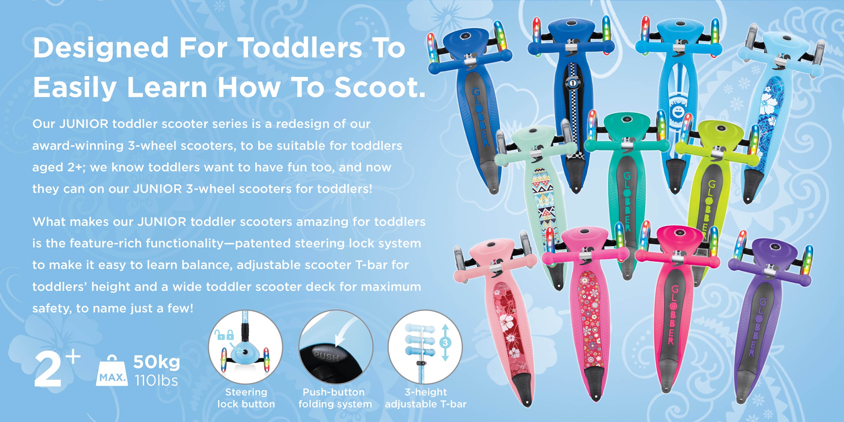 3 wheel foldable toddler scooters for 2 year olds - Globber JUNIOR