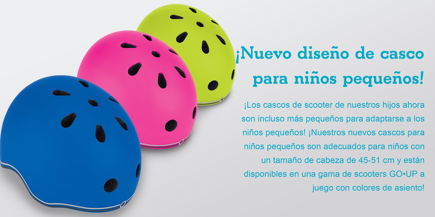 ¡Nuevo diseño de casco para niños pequeños! ¡Los cascos de scooter de nuestros hijos ahora son incluso más pequeños para adaptarse a los niños pequeños! ¡Nuestros nuevos cascos para niños pequeños son adecuados para niños con un tamaño de cabeza de 45-51 cm y están disponibles en una gama de scooters GO•UP a juego con colores de asiento!   