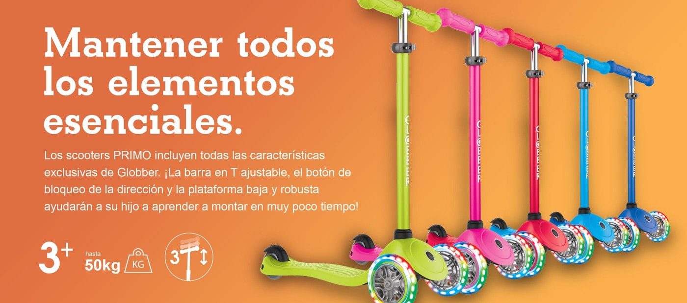 Mantener todos los elementos esenciales. Los scooters PRIMO incluyen todas las características exclusivas de Globber. ¡La barra en T ajustable, el botón de bloqueo de la dirección y la plataforma baja y robusta ayudarán a su hijo a aprender a montar en muy poco tiempo!