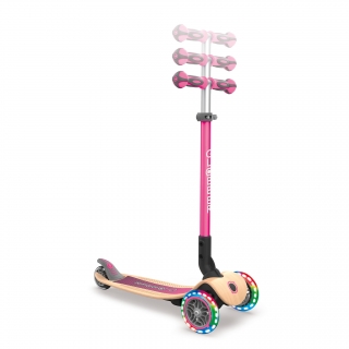 PRIMO-FOLDABLE-WOOD-LIGHTS-3-wheel-foldable-light-up-scooter-with-wooden-scooter-deck-and-3-height-adjustable-T-bar_deep-pink thumbnail 1