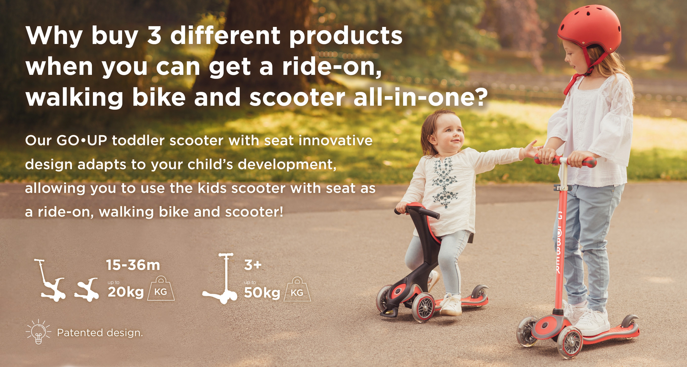 Globber GO UP sit down scooters for toddlers and kids with innovative seat design