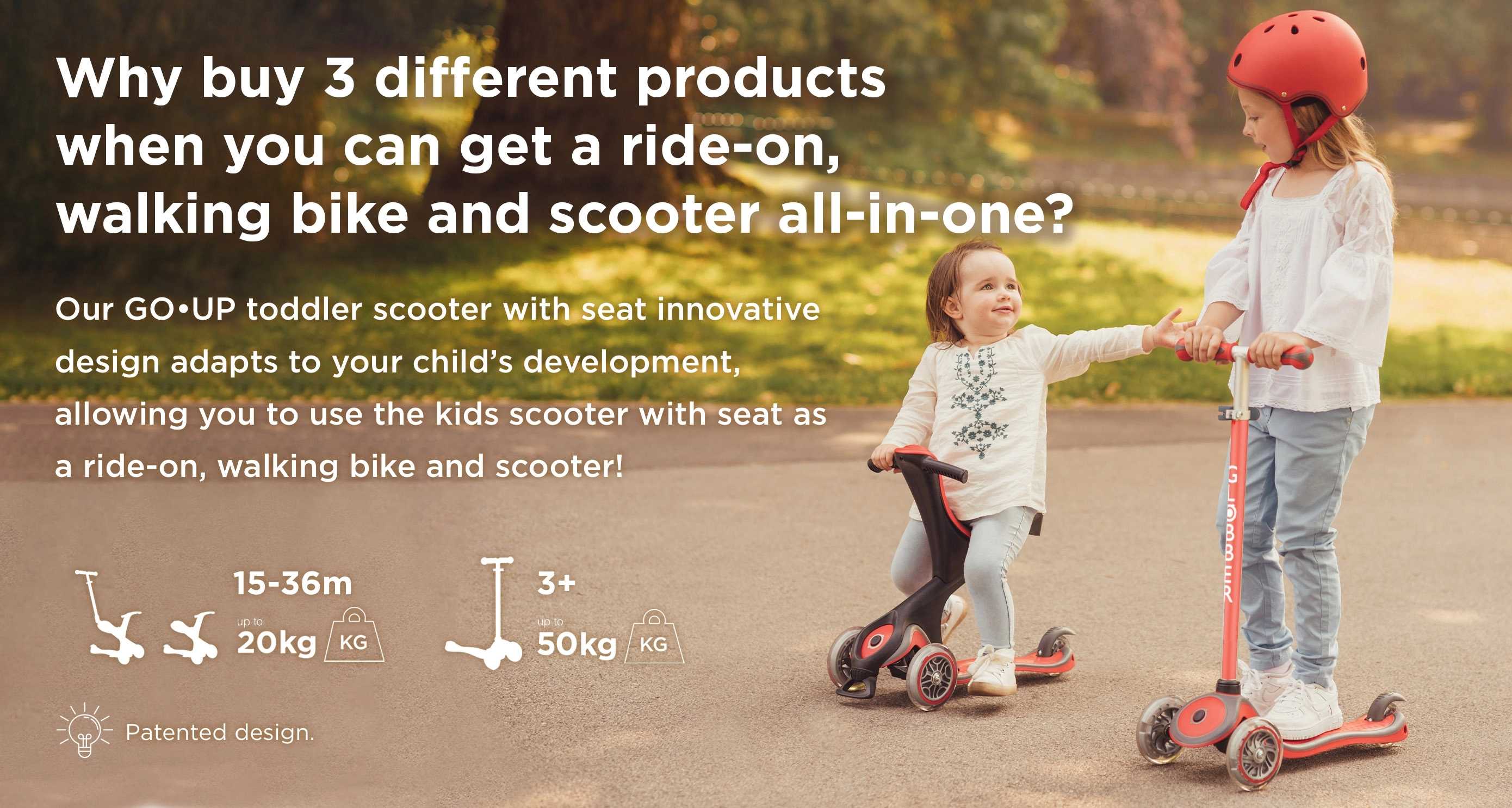 Globber GO UP sit down scooters for toddlers and kids with innovative seat design