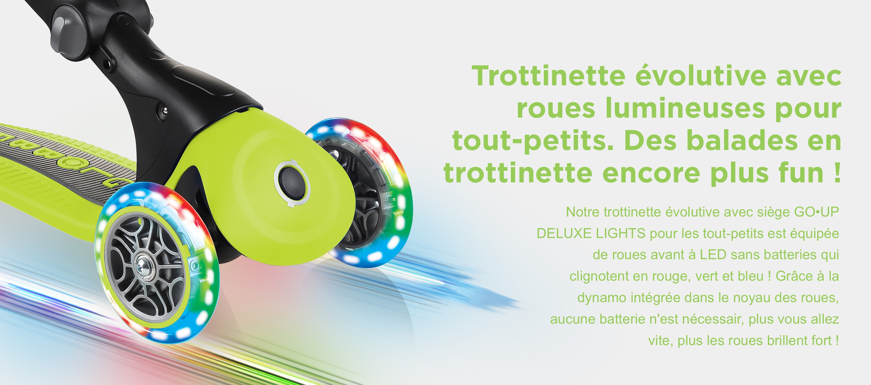 Trottinette évolutive avec roues lumineuses pour tout-petits. Des balades en trottinette encore plus fun !