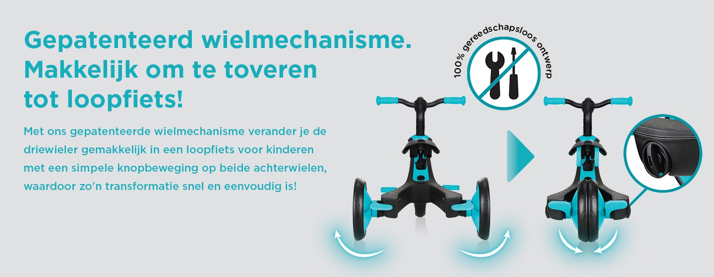 Gepatenteerd wielmechanisme. Makkelijk om te toveren tot loopfiets! Met ons gepatenteerde wielmechanisme verander je de driewieler gemakkelijk in een loopfiets voor kinderen met een simpele knopbeweging op beide achterwielen, waardoor zo'n transformatie snel en eenvoudig is! 