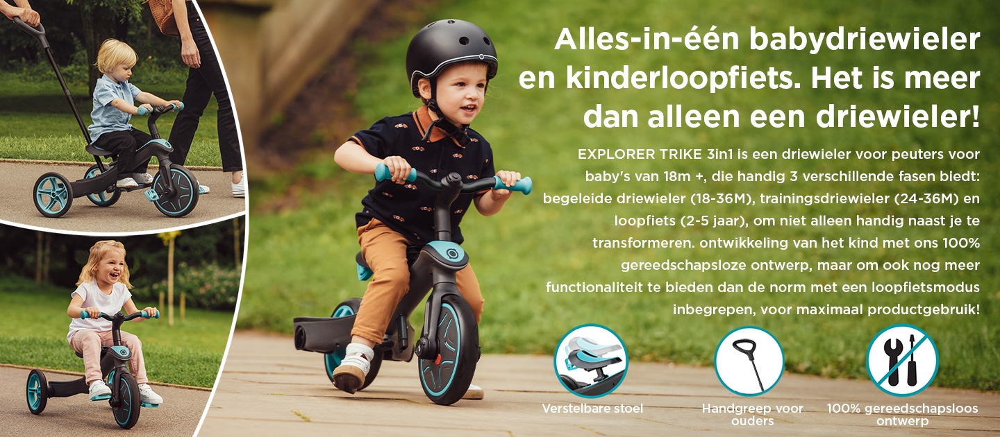 Alles-in-één babydriewieler en kinderloopfiets. Het is meer dan alleen een driewieler!