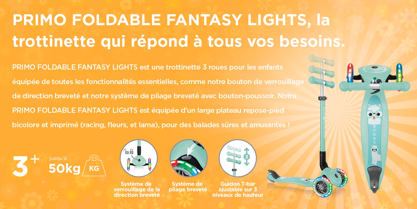 PRIMO FOLDABLE FANTASY LIGHTS, la trottinette qui répond à tous vos besoins.