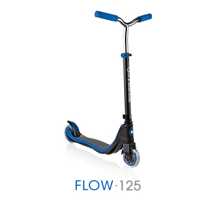 Globber's FLOW 125 2-wheel scooter comes in 5 different designs and colour (blue, red, green, ruby and black) and can be upgraded with battery-free dynamo lighting wheels flashing in green, blue & red. It is the perfect first 2-wheel scooters for all kids and teens aged 6+.