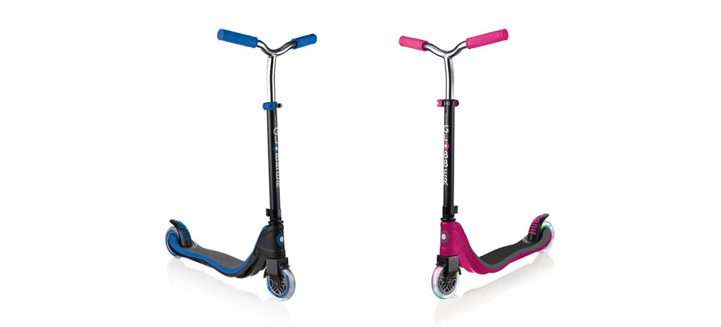 "Globber's FLOW scooters for teens are 2-wheel scooters with a triple deck structure; aluminium, composite scooter deck & EVA foam grip. It's the best 2-wheel scooter to help children transition from 3-wheel scooters to 2-wheel scooters. Globber's FLOW 2-wheel scooters for kids aged 6+ are adjustable scooters with a 4-height T-bar with an option to upgrade to a light-up scooter with FLOW LIGHTS."