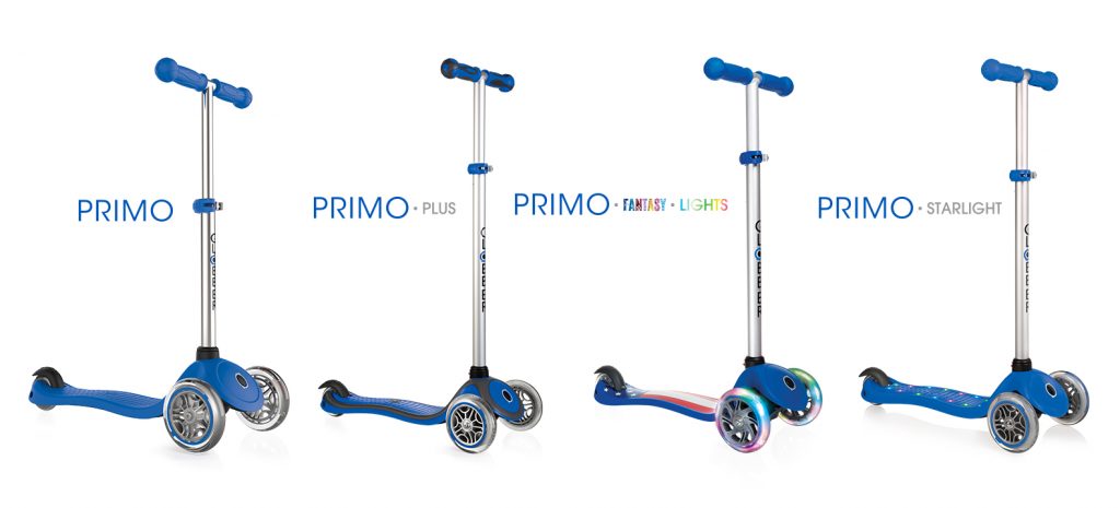 Globber's PRIMO 3-wheel scooters for kids are safe scooters for children thanks to Globber'spatented steering lock button on all PRIMO kids scooters. The steering system of the two front wheels can be fixed to only move forward and backward, to help your child quickly gain confidence and easily balance on the scooter. 