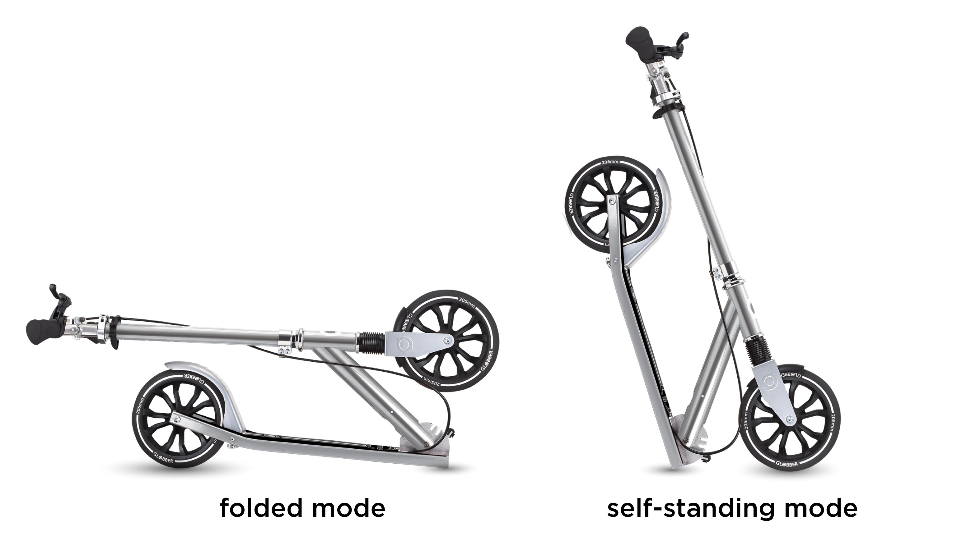 NL big wheel scooter in folded mode and self-standing mode