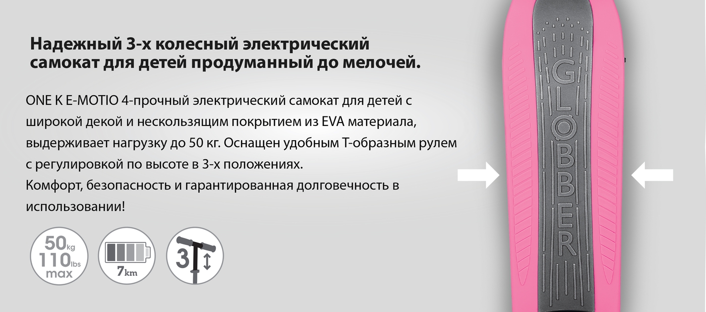 Надежный 3-колесный детский электрический самокат с регулировкой по высоте, который рассчитан на длительный срок службы. ONE K E-MOTION 4-электрический самокат для детей с широкой декой и противоскользящим покрытием на ней из современного EVA материала, выдерживает нагрузку до 50 кг. Наш электро-самокат укомплектован T-образным рулем с 3-мя режимами регулировки по высоте. Комфортный и долговечный транспорт для уверенного катания!