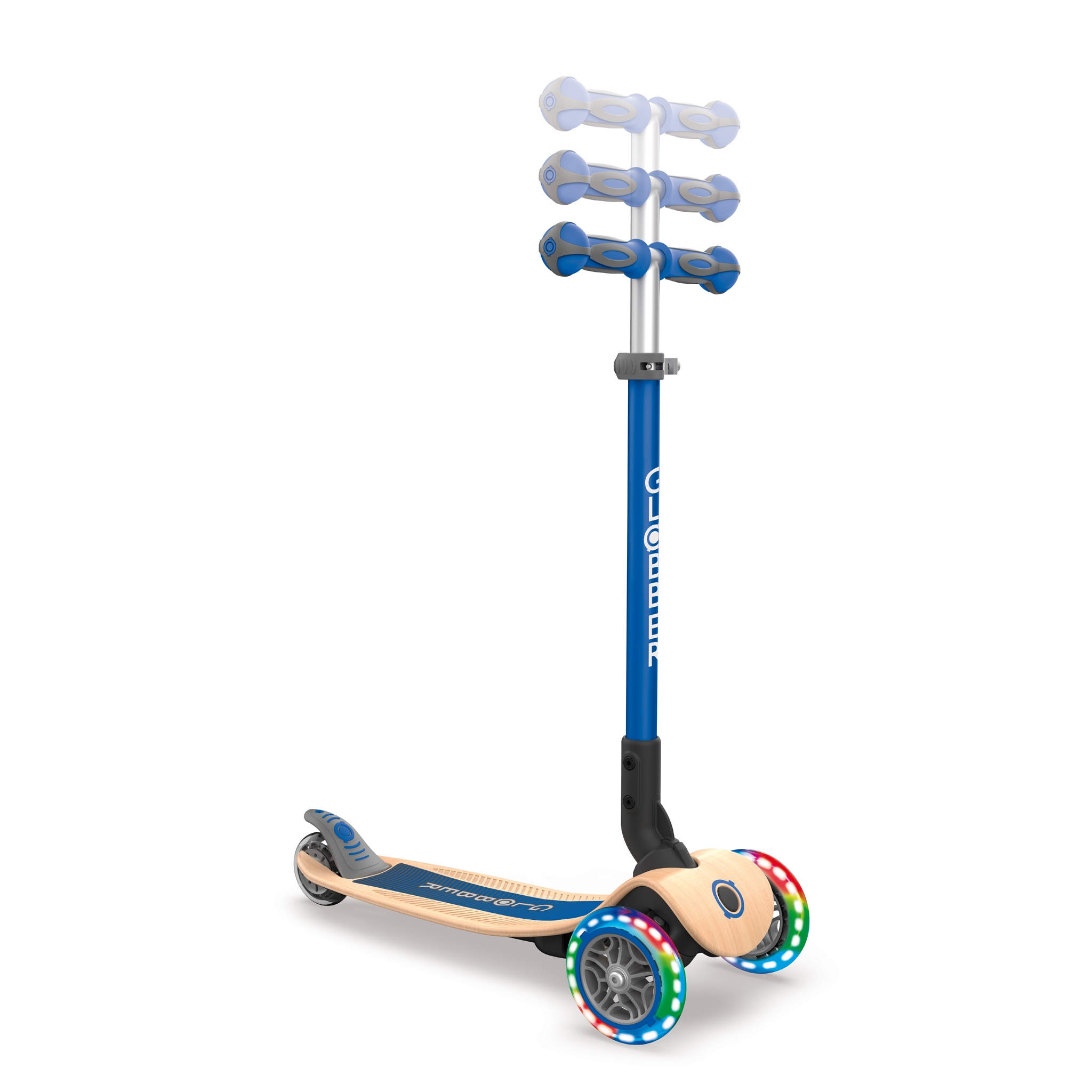 PRIMO-FOLDABLE-WOOD-LIGHTS-3-wheel-foldable-light-up-scooter-with-wooden-scooter-deck-and-3-height-adjustable-T-bar_navy-blue 1