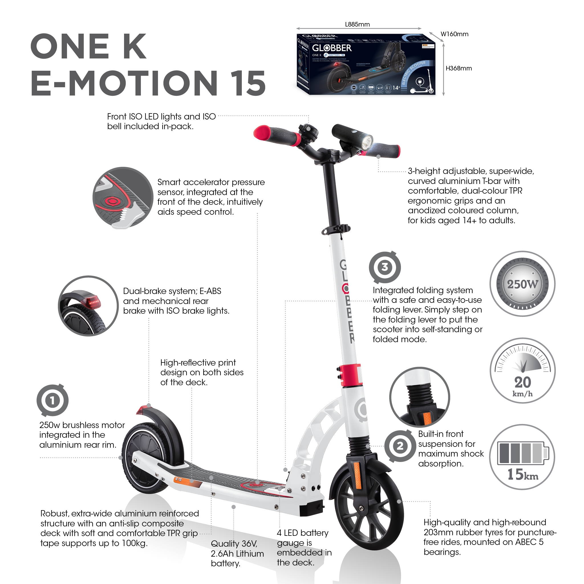 Globber-ONE-K-E-MOTION-15-electric-scooter-with-front-suspension-and-rear-ISO-brake-lights-and-front-ISO-LED-lights 2