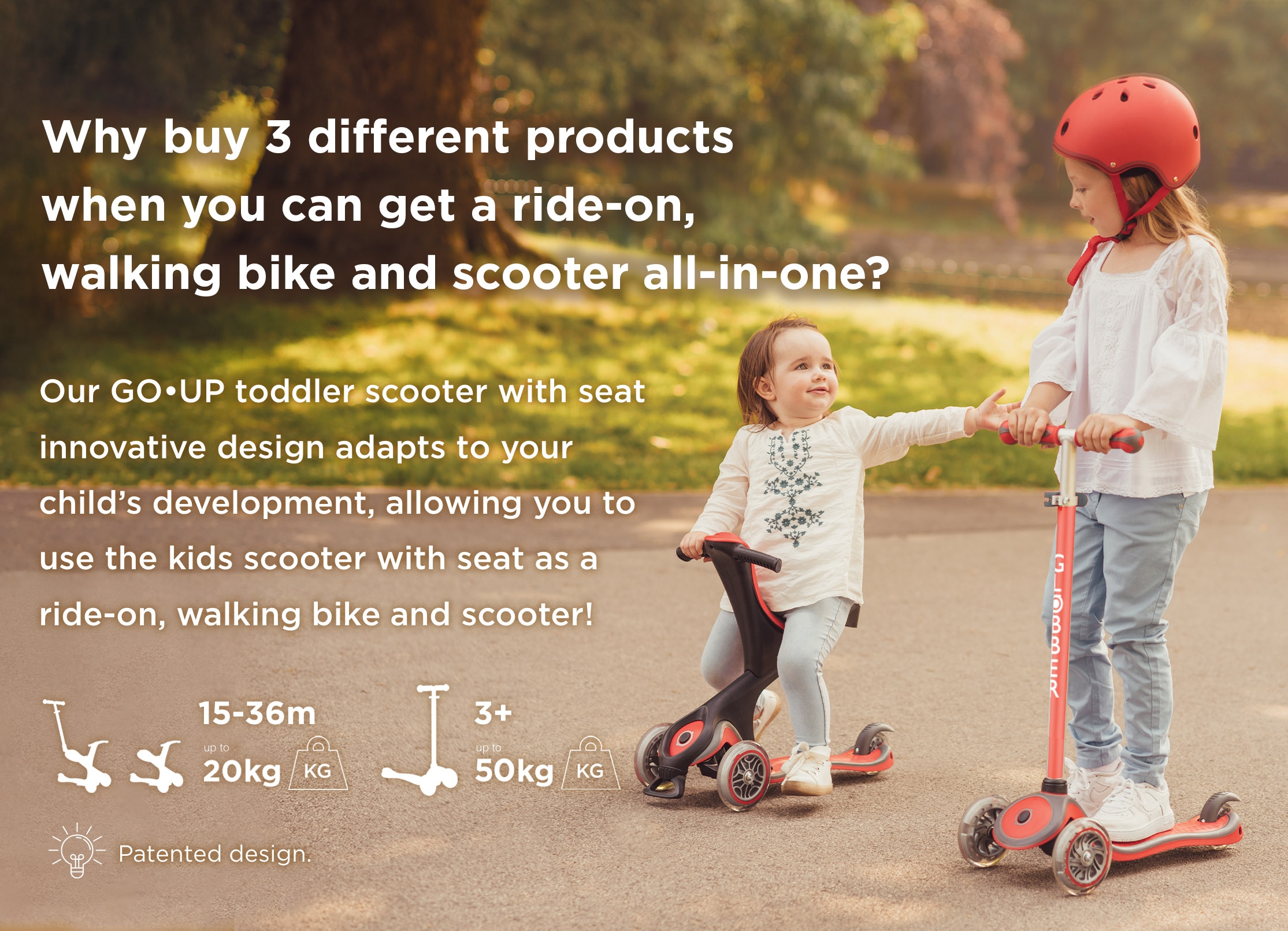 Globber GO UP sit down scooters for toddlers and kids with innovative seat design