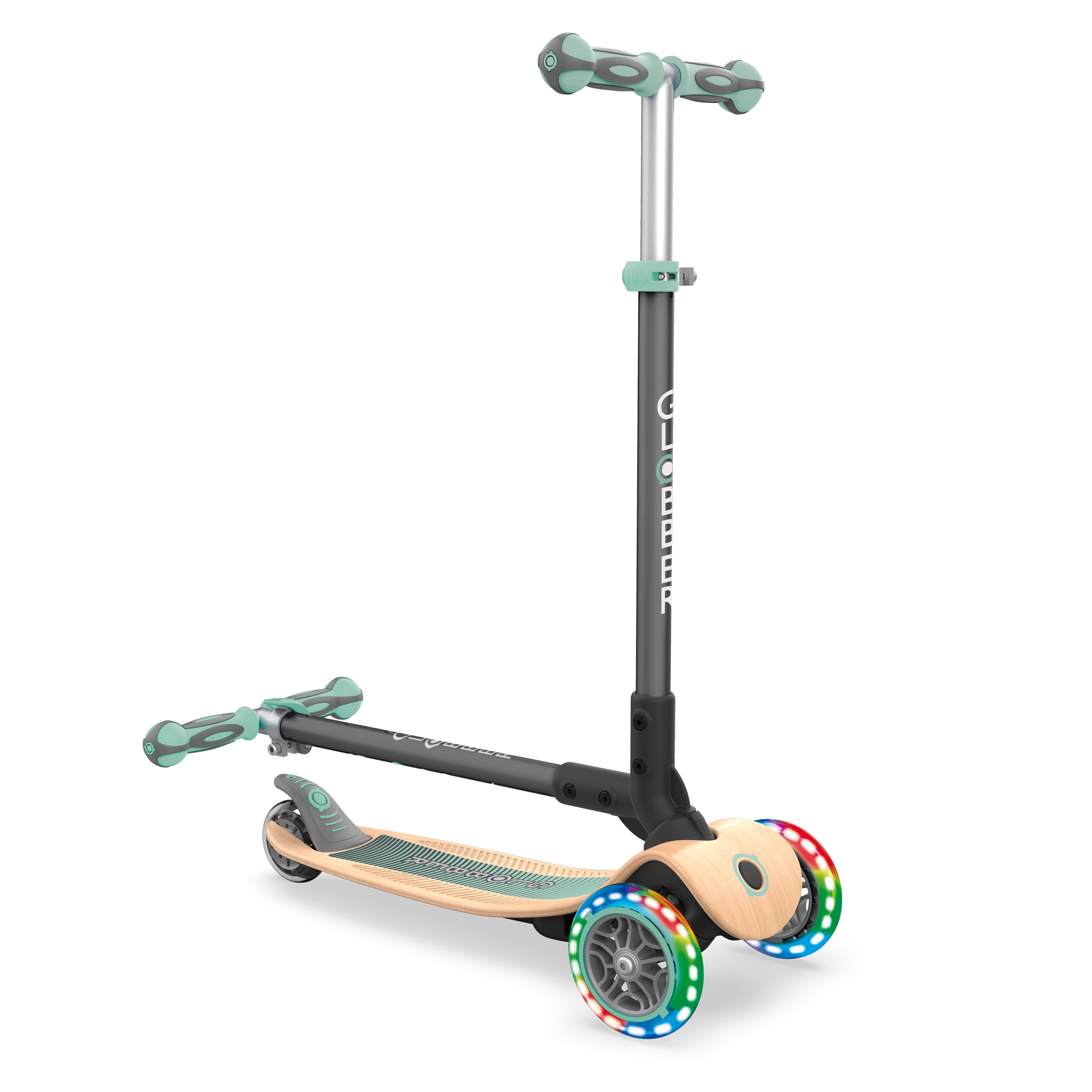 Globber-PRIMO-FOLDABLE-WOOD-LIGHTS-3-wheel-foldable-light-up-scooter-with-7-ply-wooden-scooter-deck-and-light-up-wheels 2