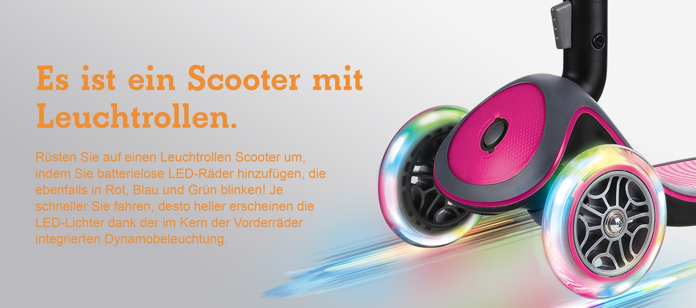 Es ist ein Scooter mit Leuchtrollen.