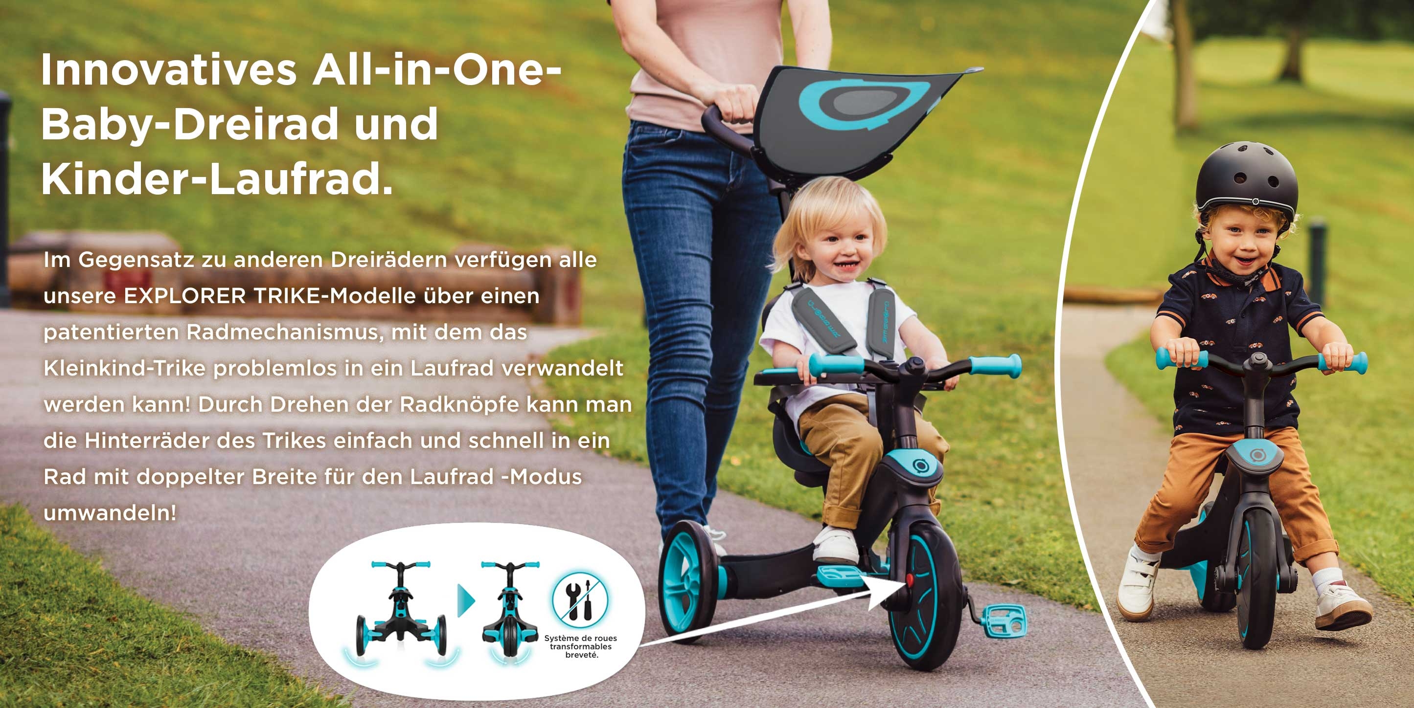 Innovatives All-in-One-Baby-Dreirad und Kinder-Laufrad.