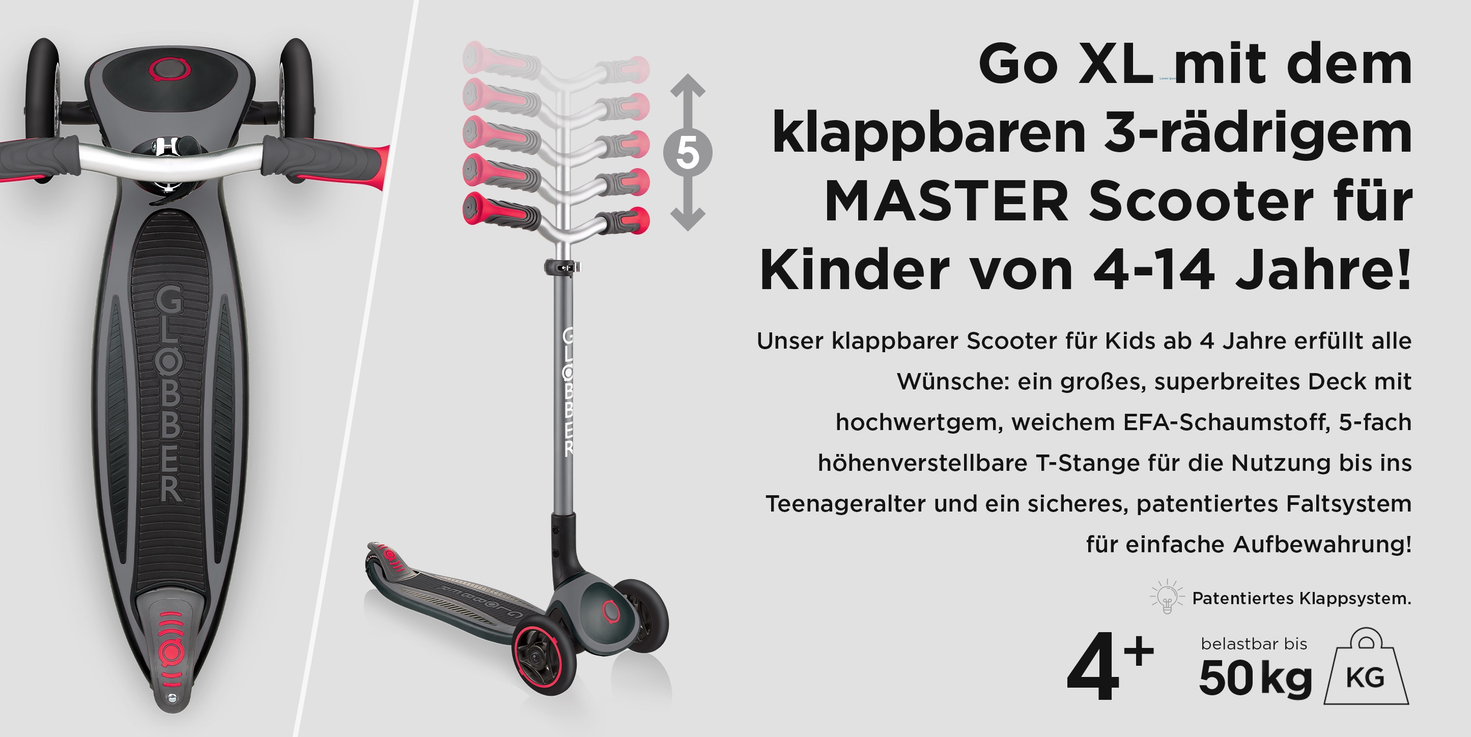 Go XL mit dem  klappbaren  3-rädrigem MASTER Scooter für Kinder von 4-14 Jahre!
