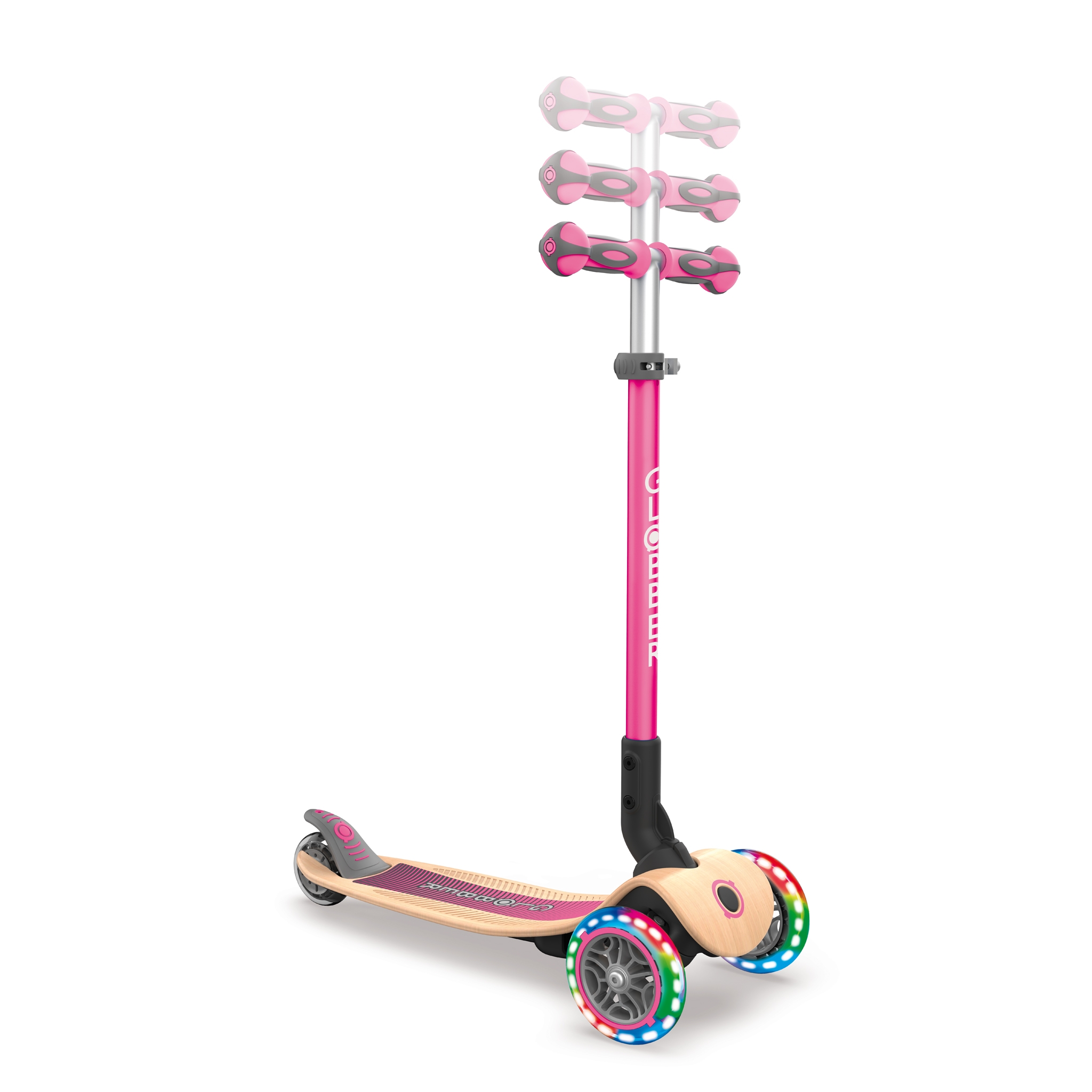 PRIMO-FOLDABLE-WOOD-LIGHTS-3-wheel-foldable-light-up-scooter-with-wooden-scooter-deck-and-3-height-adjustable-T-bar_deep-pink 1