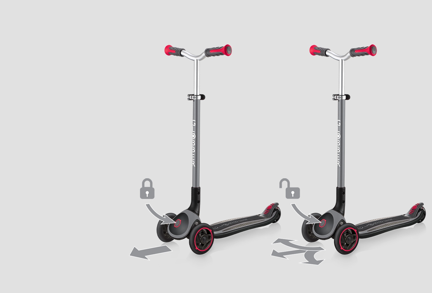 Black 3-wheel scooters for kids and teens with a patented steering lock system