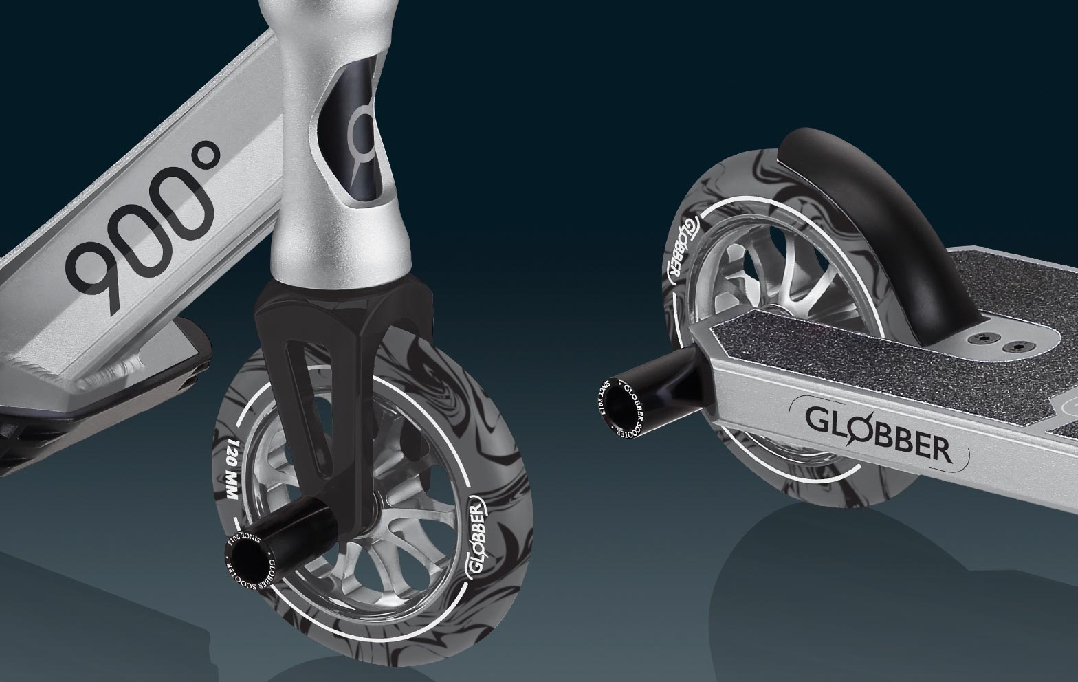 Tutti i monopattini GS sono equipaggiati con ruote in PU 88A da 100mm, 110mm o 120 mm con nucleo in lega di alluminio anodizzato