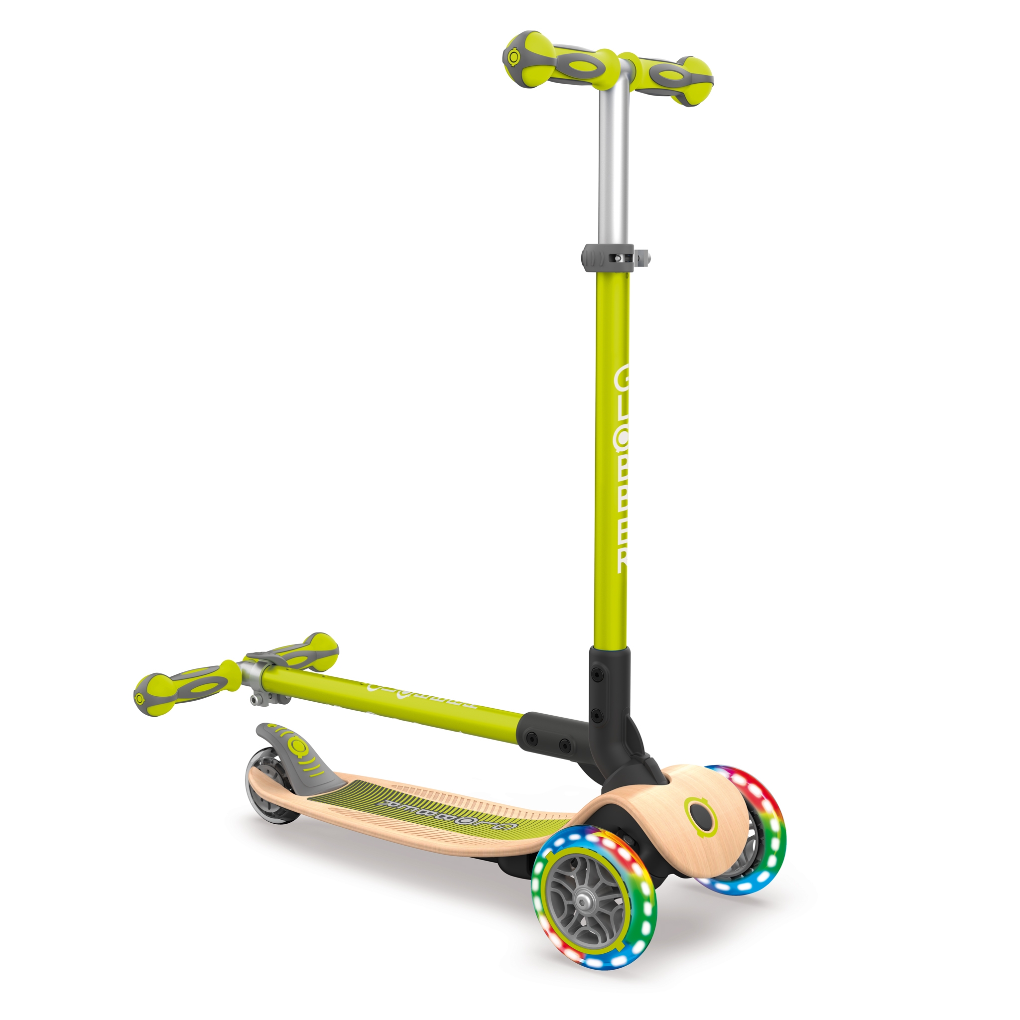 PRIMO-FOLDABLE-WOOD-LIGHTS-3-wheel-foldable-scooter-with-7-ply-wooden-scooter-deck-and-battery-free-light-up-wheels_lime-green 2