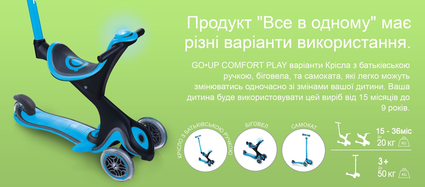 Продукт "Все в одному" має різні варіанти використання. GO•UP COMFORT PLAY варіанти Крісла з батьківською ручкою, біговела, та самоката, які легко можуть змінюватись одночасно зі змінами вашої дитини. Ваша дитина буде використовувати цей виріб від 15 місяців до 9 років.