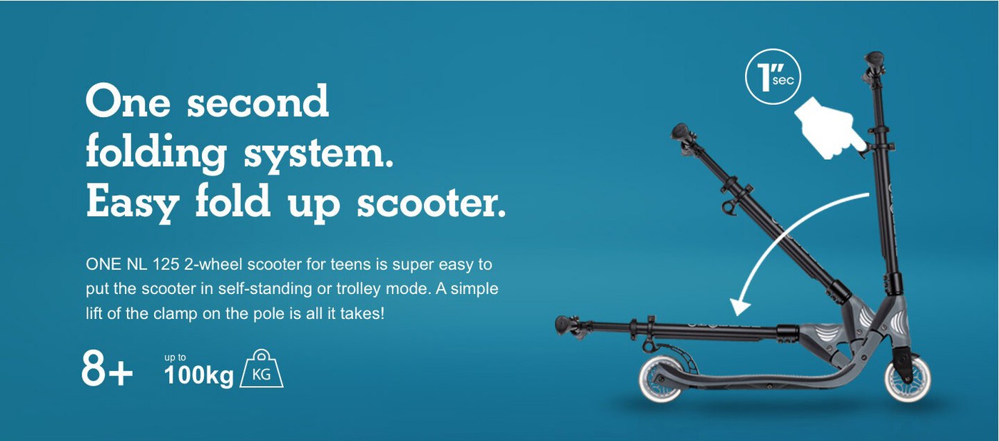 One second folding system. Easy fold up scooter. 