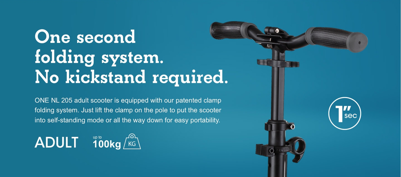 One second folding system. No kickstand required.