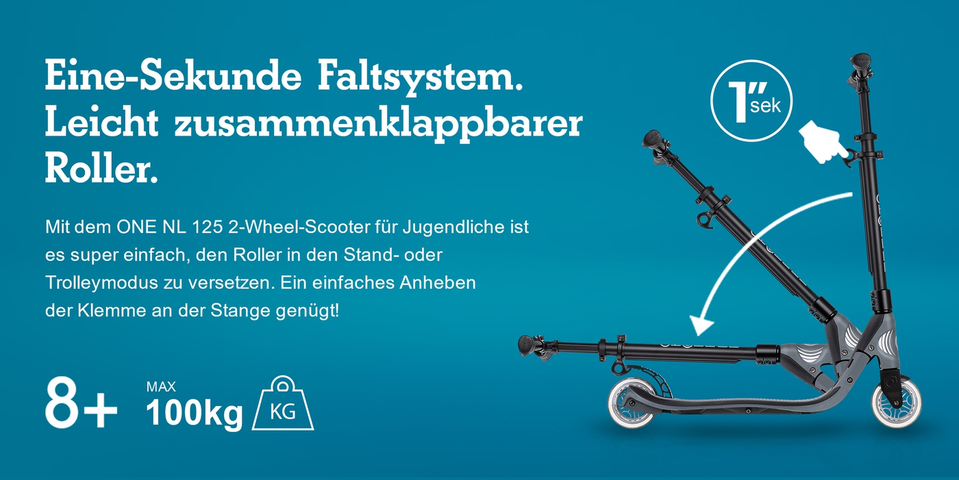 Eine-Sekunde Faltsystem. Leicht zusammenklappbarer Roller.
