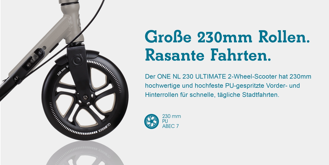 Große 230mm Rollen. Rasante Fahrten. 