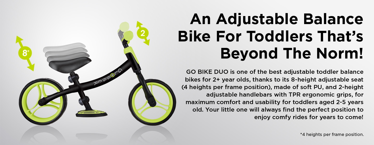 GO BIKE DUO is the best black adjustable balance bikes for toddlers, thanks to its 8-height adjustable seat and 2-height adjustable handlebar.