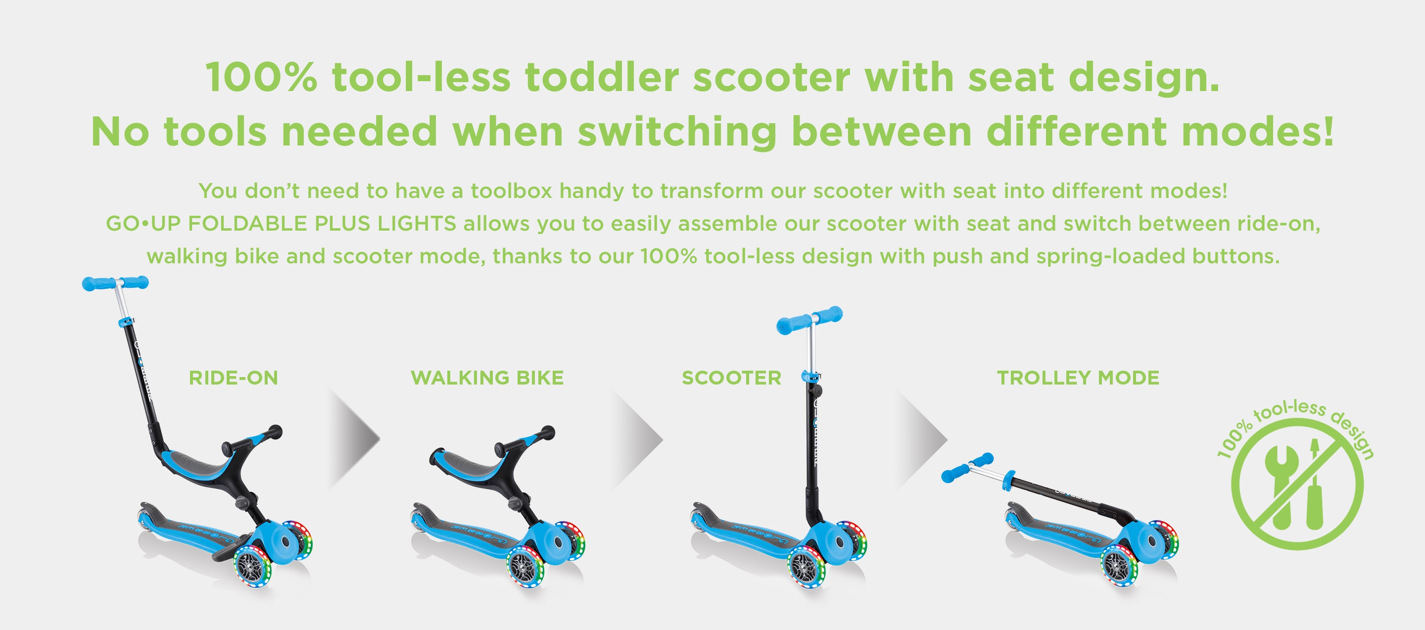 No screws needed when switching between riding modes on the light up scooter for toddlers