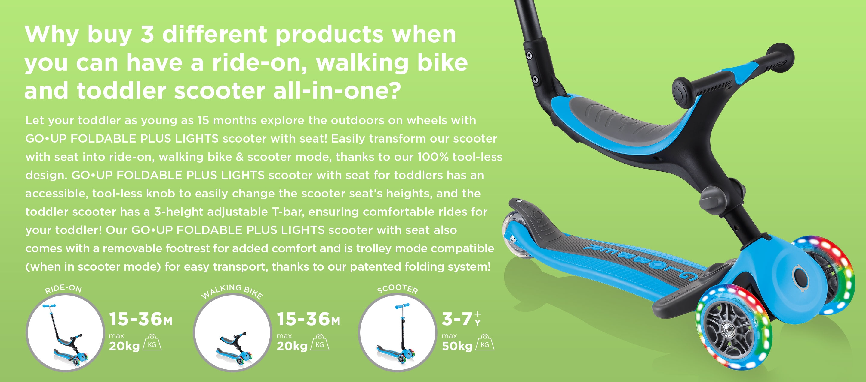 GO UP FOLDABLE PLUS LIGHTS is a 3 in 1 light up scooter with seat for toddlers
