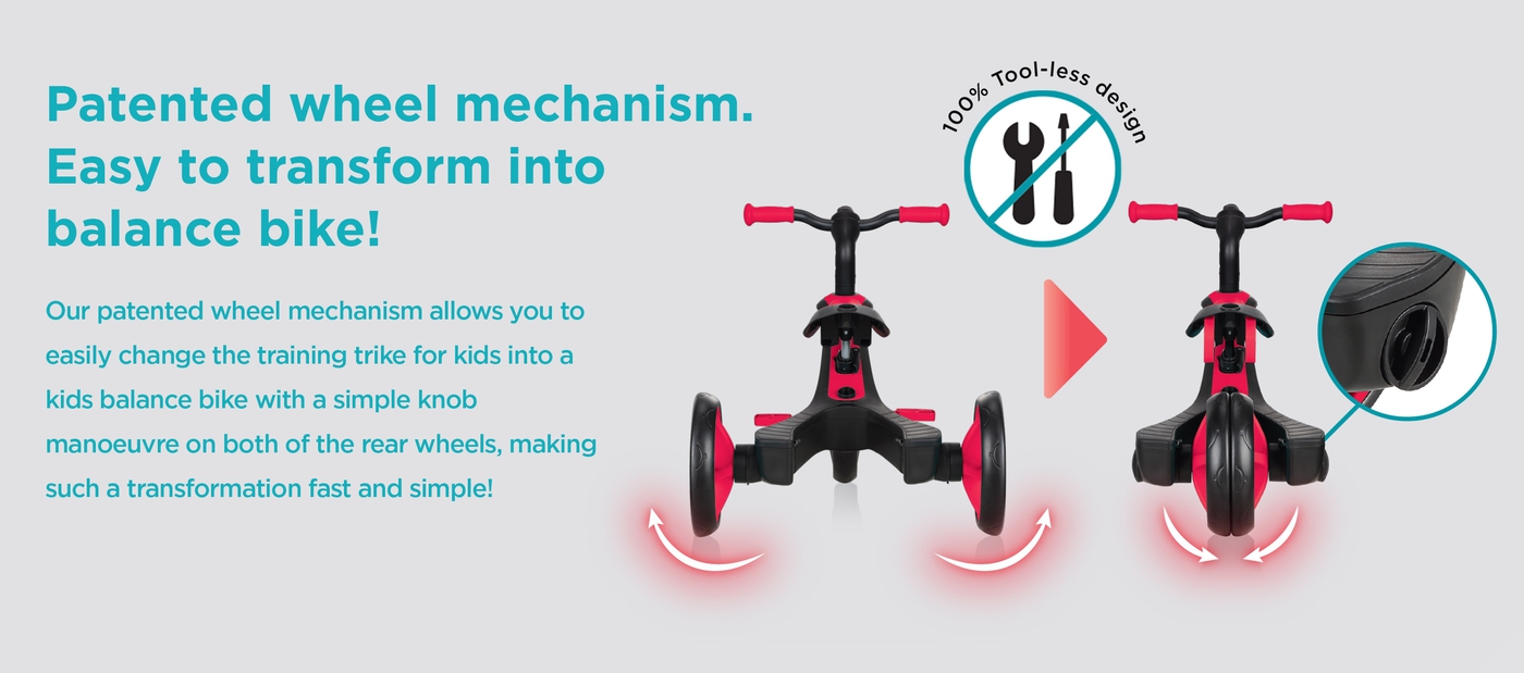Patented wheel mechanism. Easy to transform into balance bike!