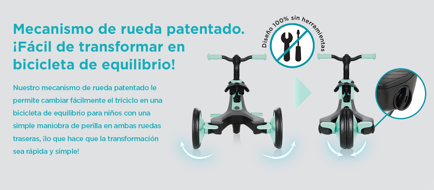 Mecanismo de rueda patentado. ¡Fácil de transformar en bicicleta de equilibrio!