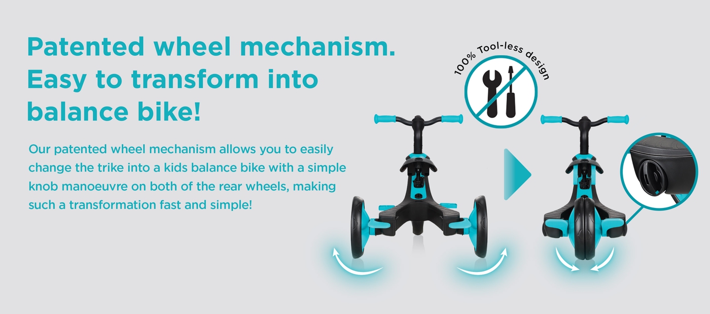 Patented wheel mechanism. Easy to transform into balance bike! Our patented wheel mechanism allows you to easily change the trike into a kids balance bike with a simple knob manoeuvre on both of the rear wheels, making such a transformation fast and simple!