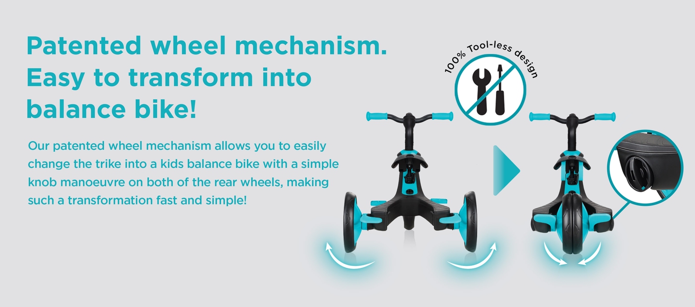 Patented wheel mechanism. Easy to transform into balance bike!