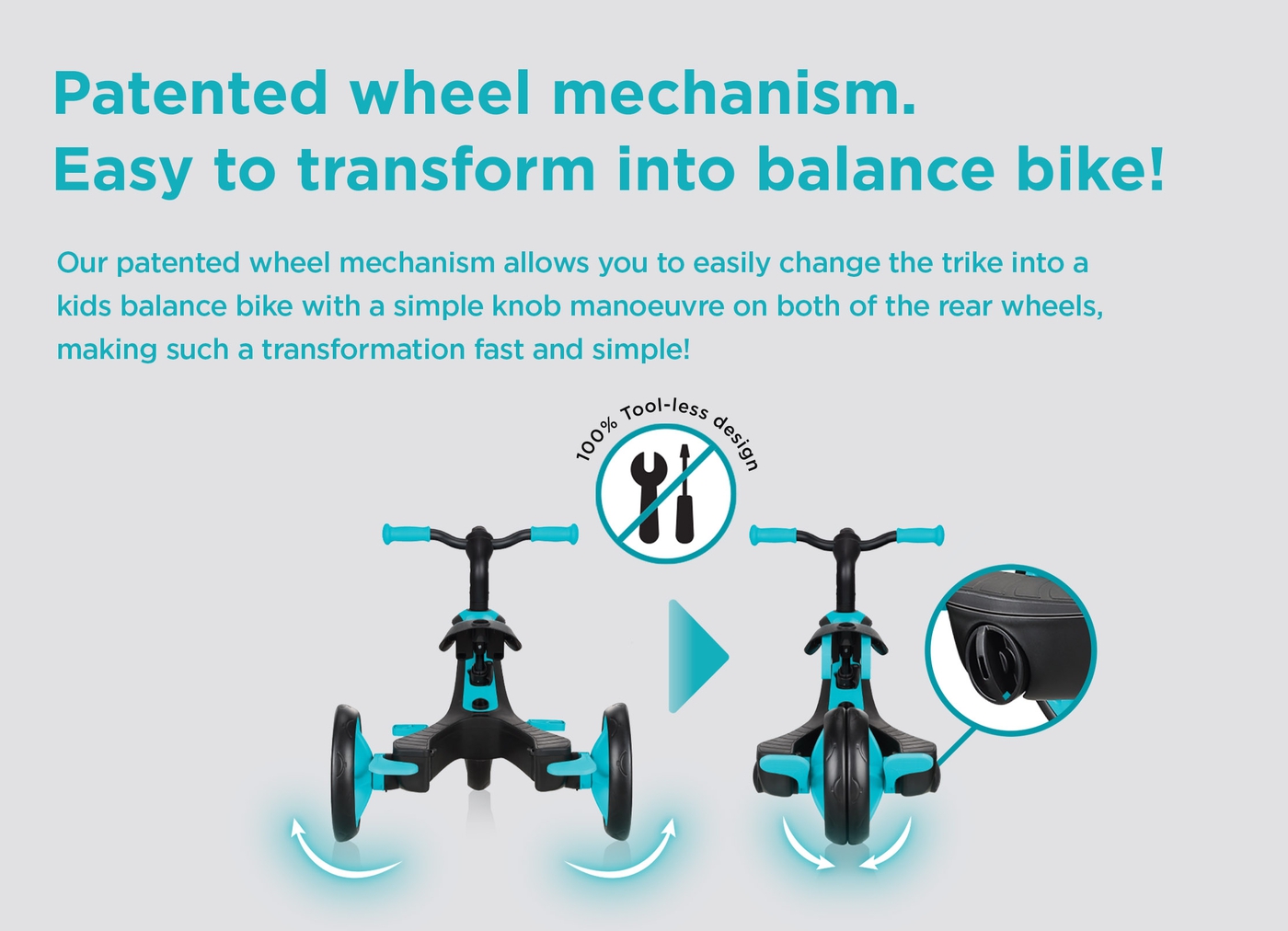 Patented wheel mechanism. Easy to transform into balance bike! Our patented wheel mechanism allows you to easily change the trike into a kids balance bike with a simple knob manoeuvre on both of the rear wheels, making such a transformation fast and simple! 