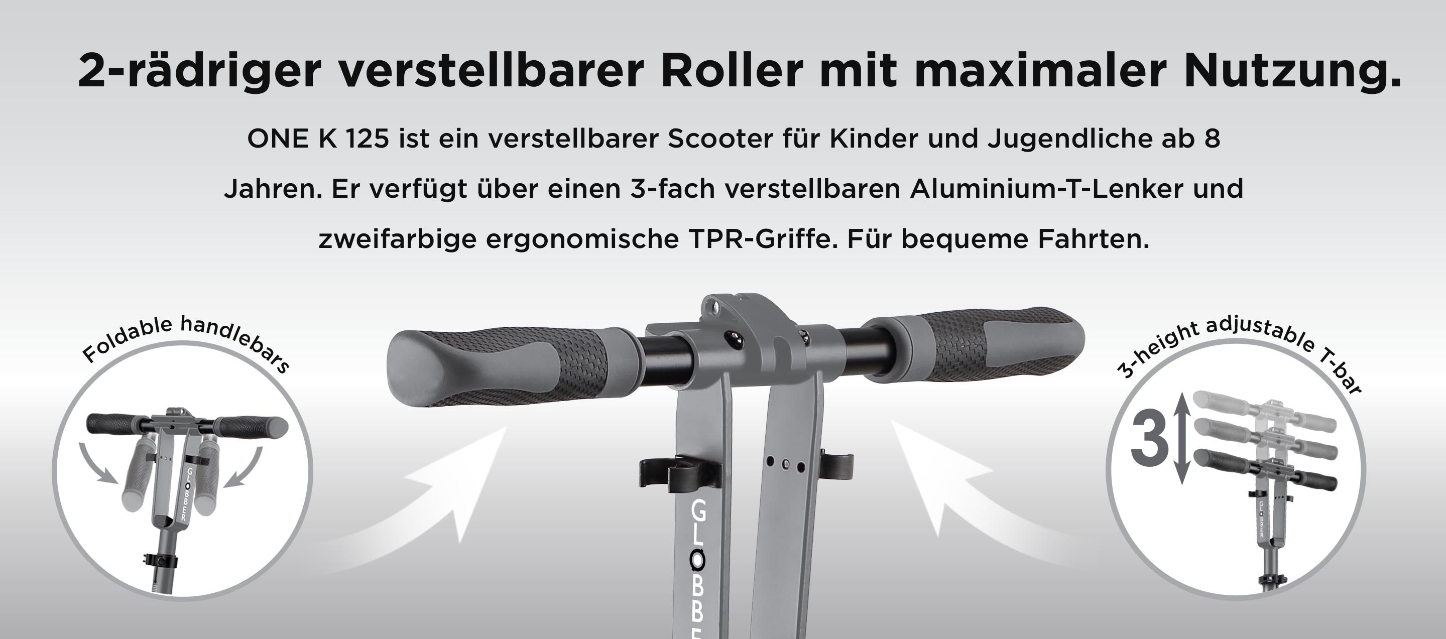 2-rädriger verstellbarer Roller mit maximaler Nutzung. ONE K 125 ist ein verstellbarer Scooter für Kinder und Jugendliche ab 8 Jahren. Er verfügt über einen 3-fach verstellbaren Aluminium-T-Lenker und zweifarbige ergonomische TPR-Griffe. Für bequeme Fahrten.