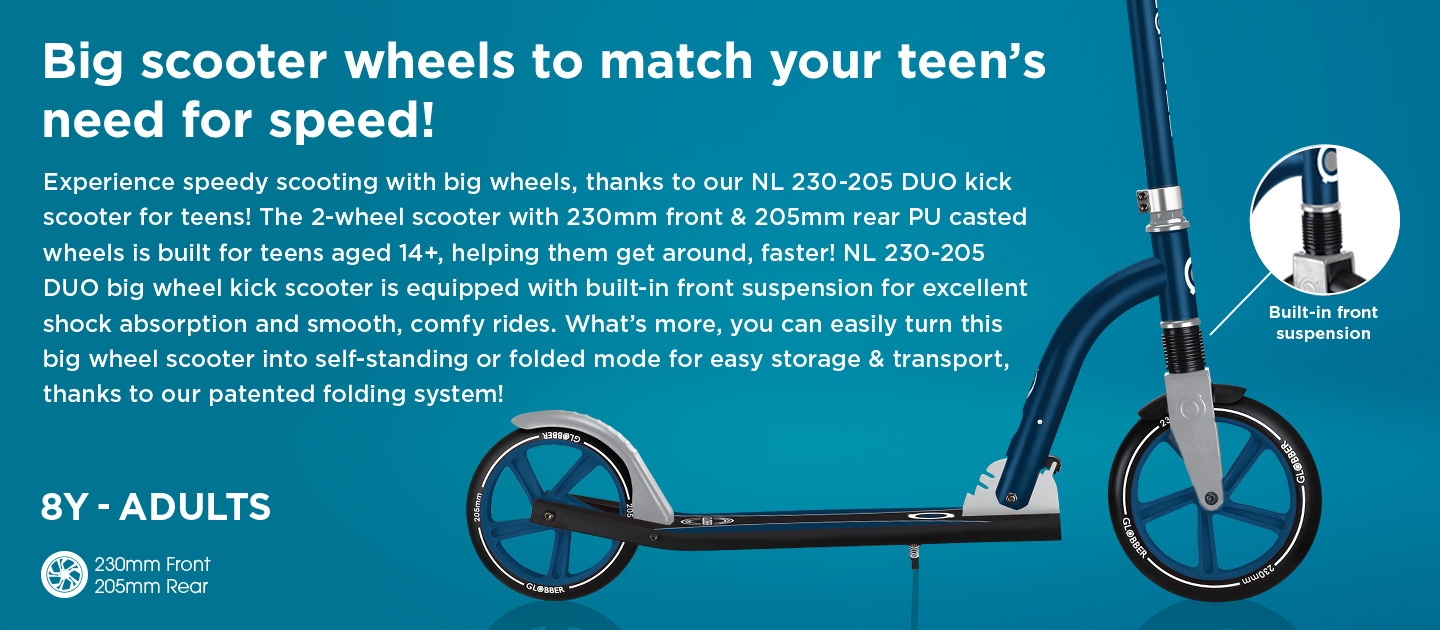 NL 230-205 DUO big wheel scooter for kids and teens is equipped with a front suspension for excellent shock absorption.