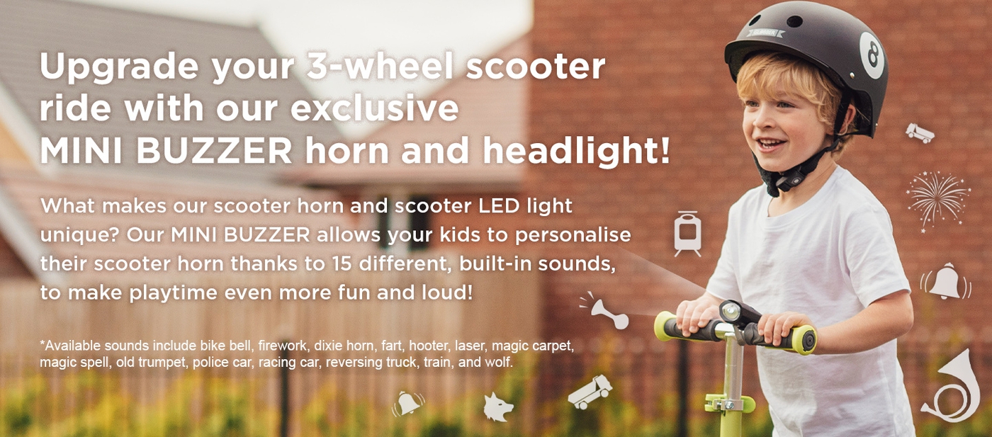 Upgrade your 3-wheel scooter ride with our exclusive MINI BUZZER horn and headlight!