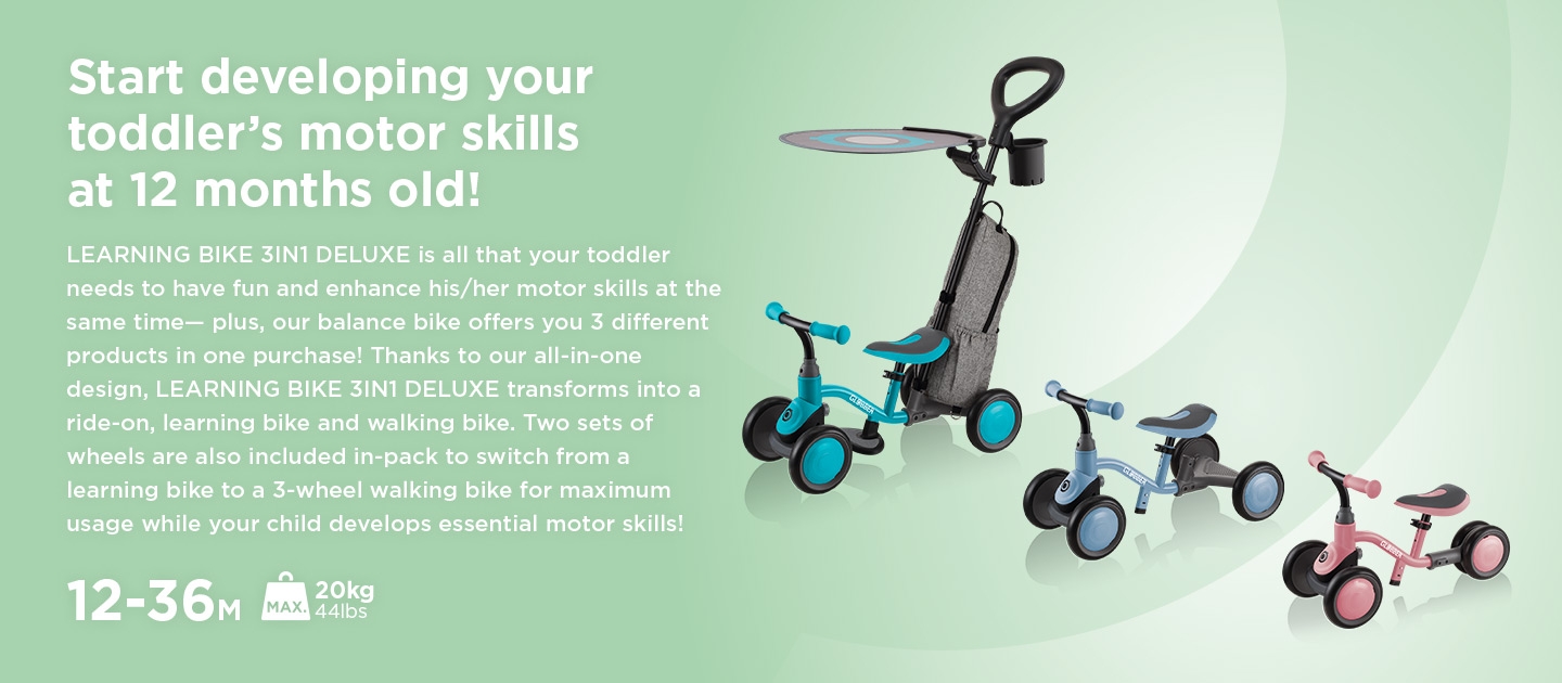 LEARNING BIKE 3IN1 DELUXE is a balance bike for 1 year old's that transforms into a ride-on, learning bike and walking bike.