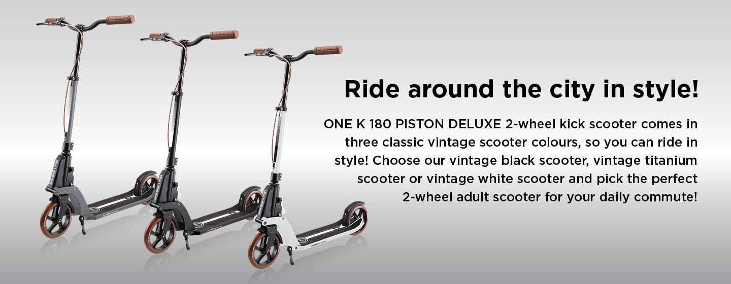 ONE K 180 PISTON DELUXE folding kick scooter for adults comes in three vintage colours so you can ride in style