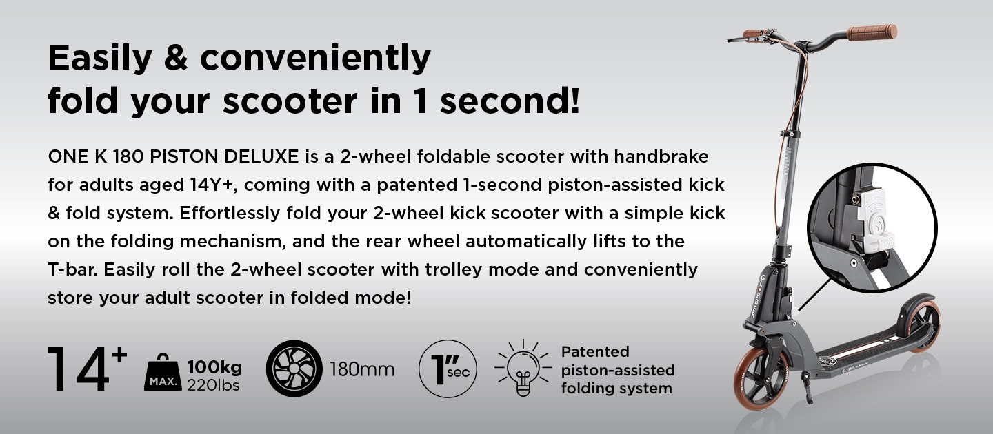 Best folding scooter for adults equipped with a patented 1-second piston assisted kick and fold system