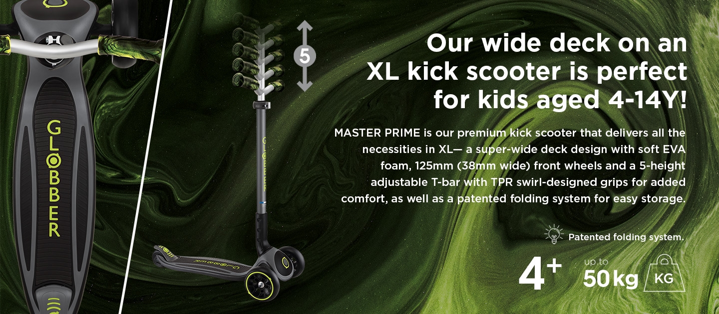 Our wide deck on the large 3 wheel kick scooter is perfect for kids aged 4-14Y!