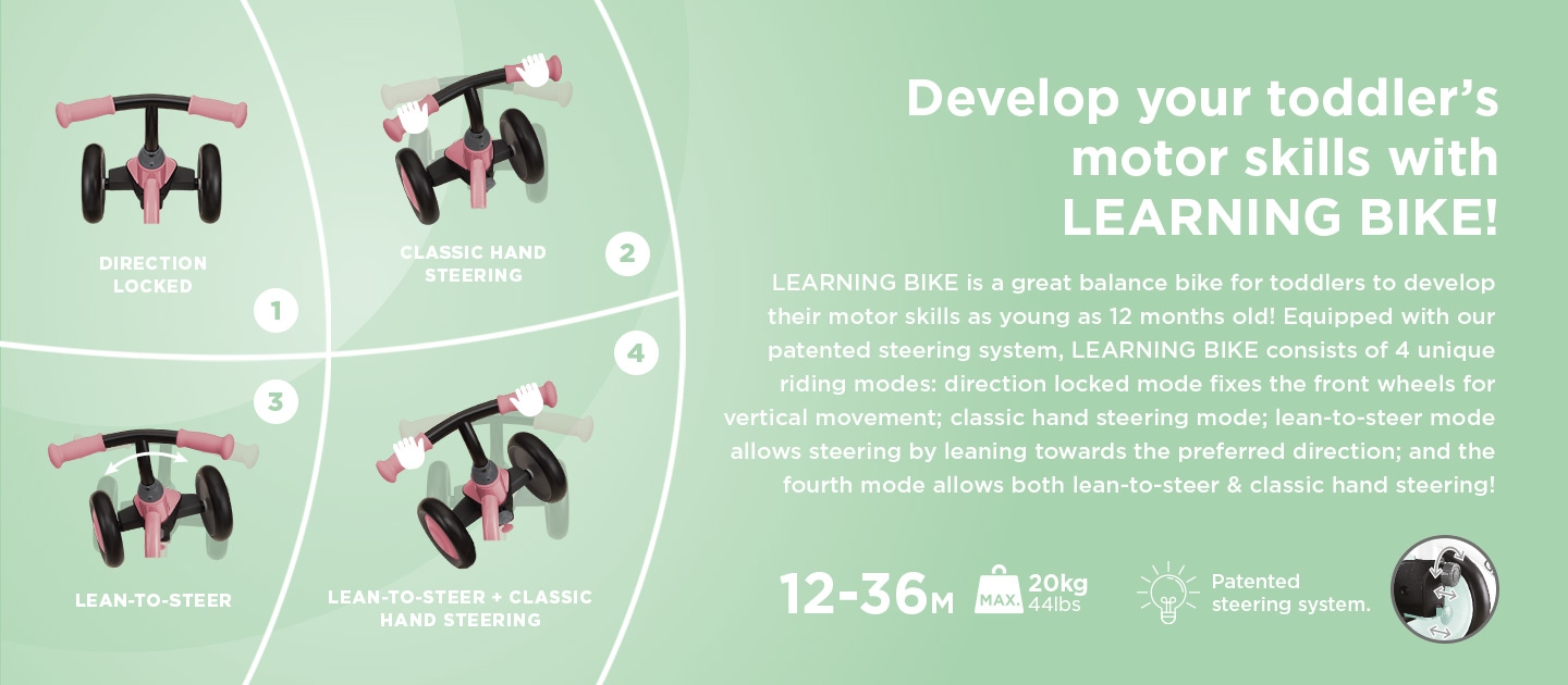 LEARNING BIKE is a great 3-wheel balance bike for toddlers to develop their motor skills as young as 12 months old!