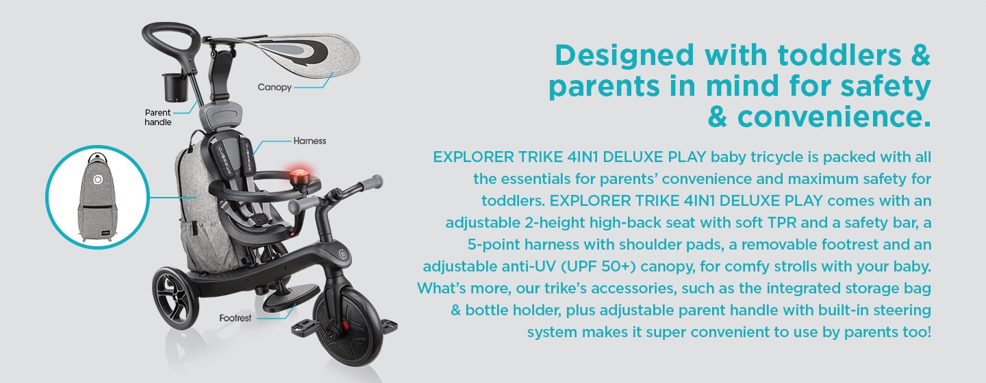 Ultra safe 4 in 1 baby trike equipped with 5 point harness, anti-UV canopy and more