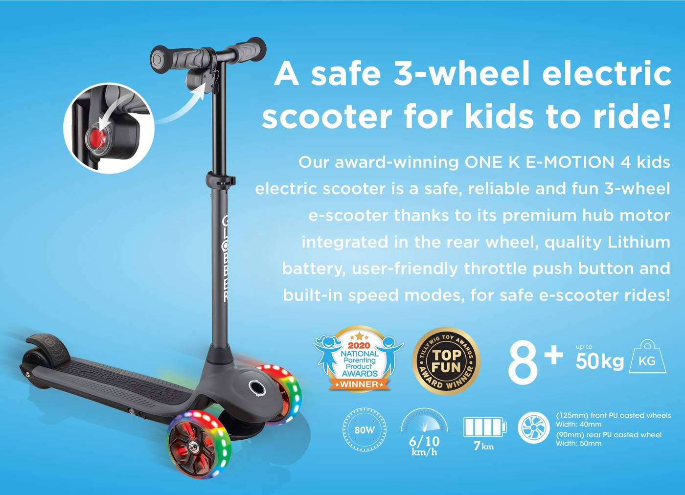 A safe 3-wheel electric scooter for kids to ride!